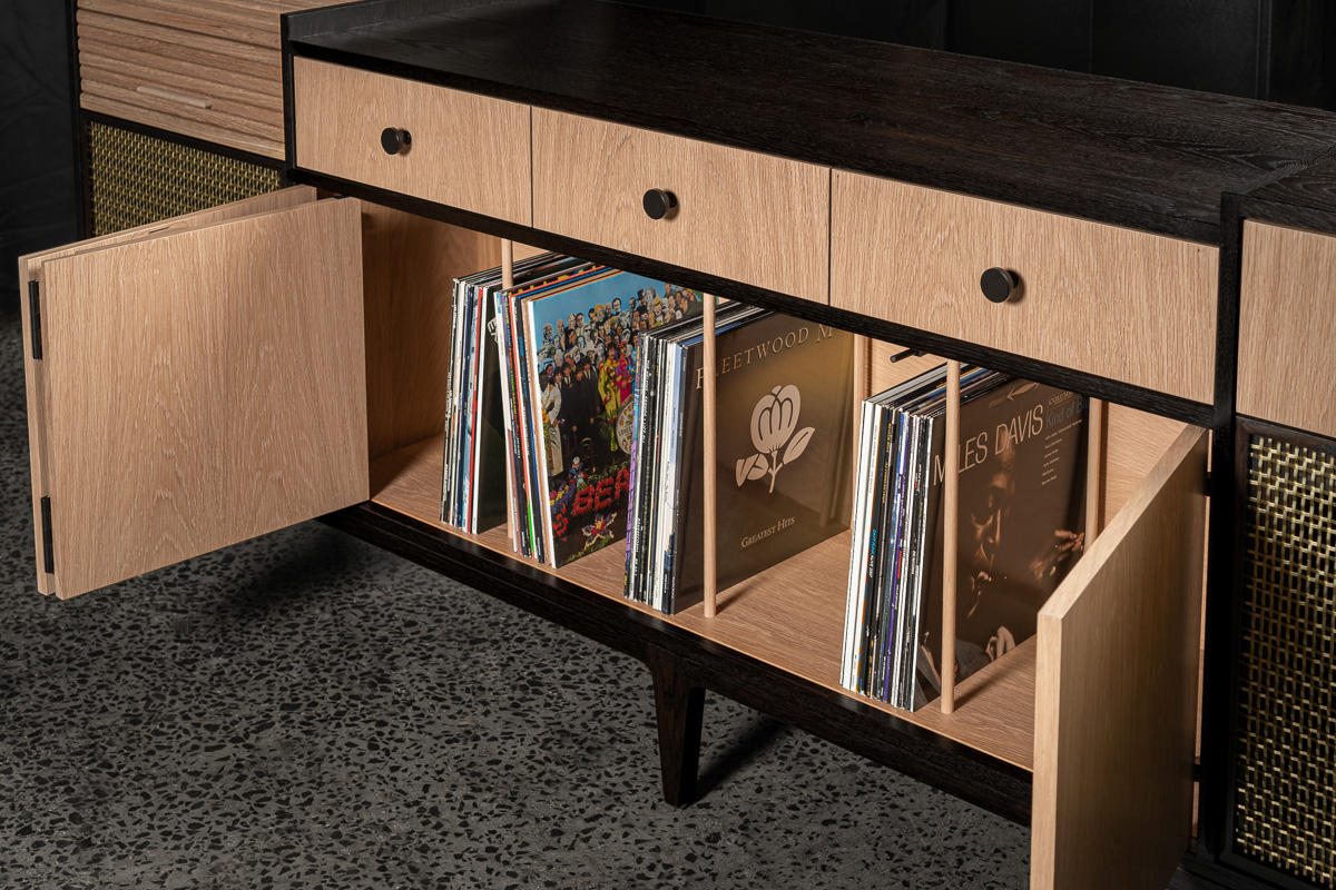 Black Oak Record Cabinet Records on Display Pedulla Studio