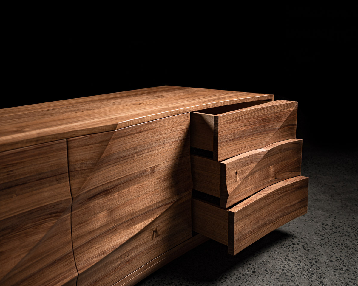 Tasmanian Blackwood Sculpted Cabinet Drawers Open Pedulla Studio